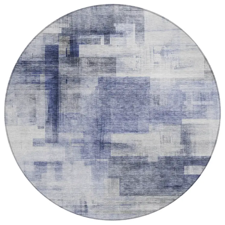8' Denim Blue And Ivory Round Abstract Washable Indoor Outdoor Area Rug