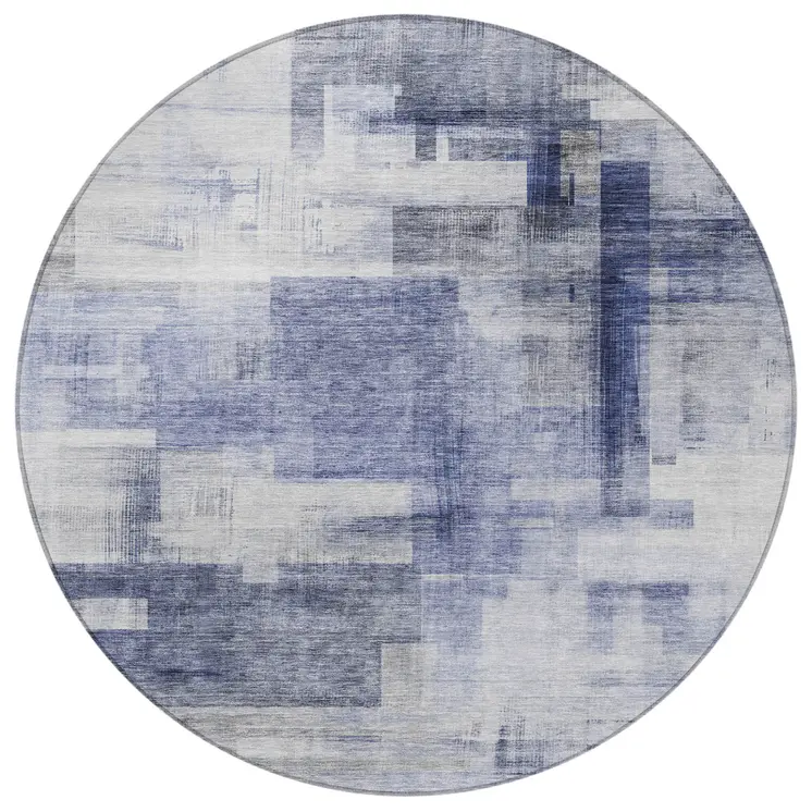8' Denim Blue And Ivory Round Abstract Washable Indoor Outdoor Area Rug