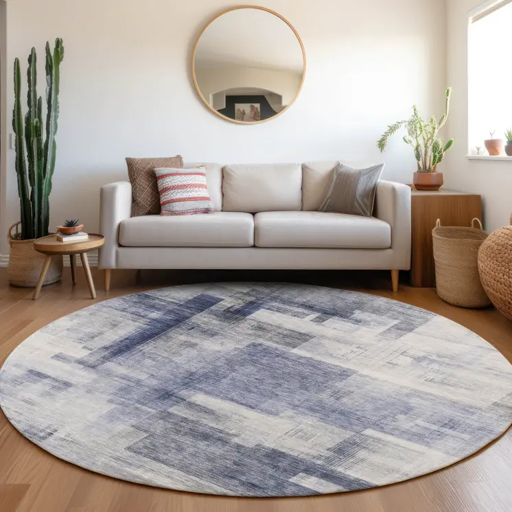8' Denim Blue And Ivory Round Abstract Washable Indoor Outdoor Area Rug