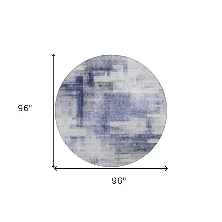 8' Denim Blue And Ivory Round Abstract Washable Indoor Outdoor Area Rug