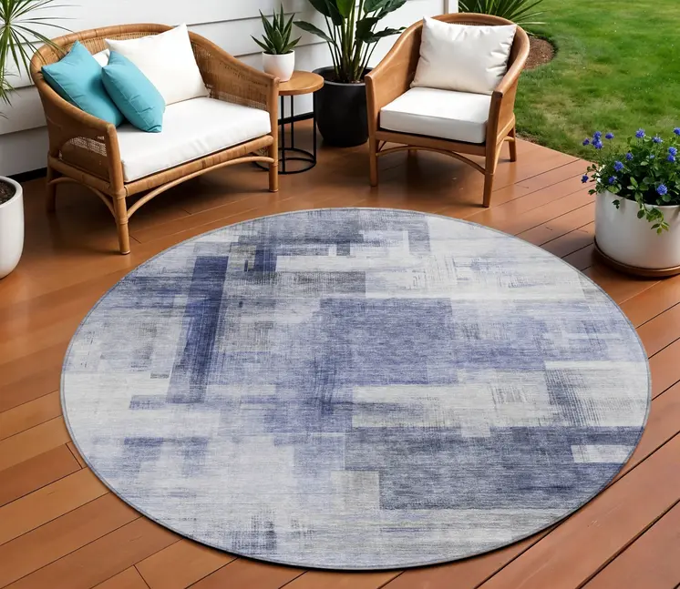 8' Denim Blue And Ivory Round Abstract Washable Indoor Outdoor Area Rug