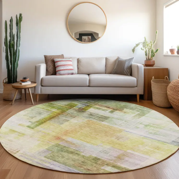 8' Green Yellow And Purple Round Abstract Washable Indoor Outdoor Area Rug