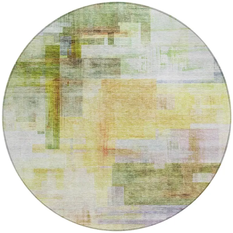 8' Green Yellow And Purple Round Abstract Washable Indoor Outdoor Area Rug