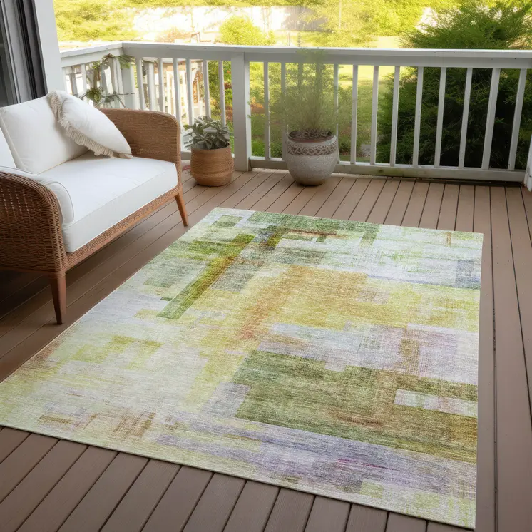 10' X 14' Green Yellow And Purple Abstract Washable Indoor Outdoor Area Rug