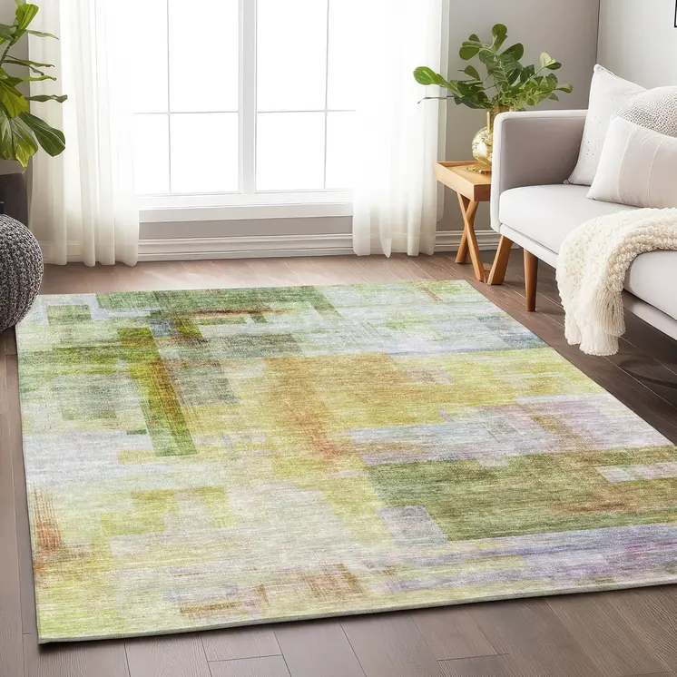 10' X 14' Green Yellow And Purple Abstract Washable Indoor Outdoor Area Rug