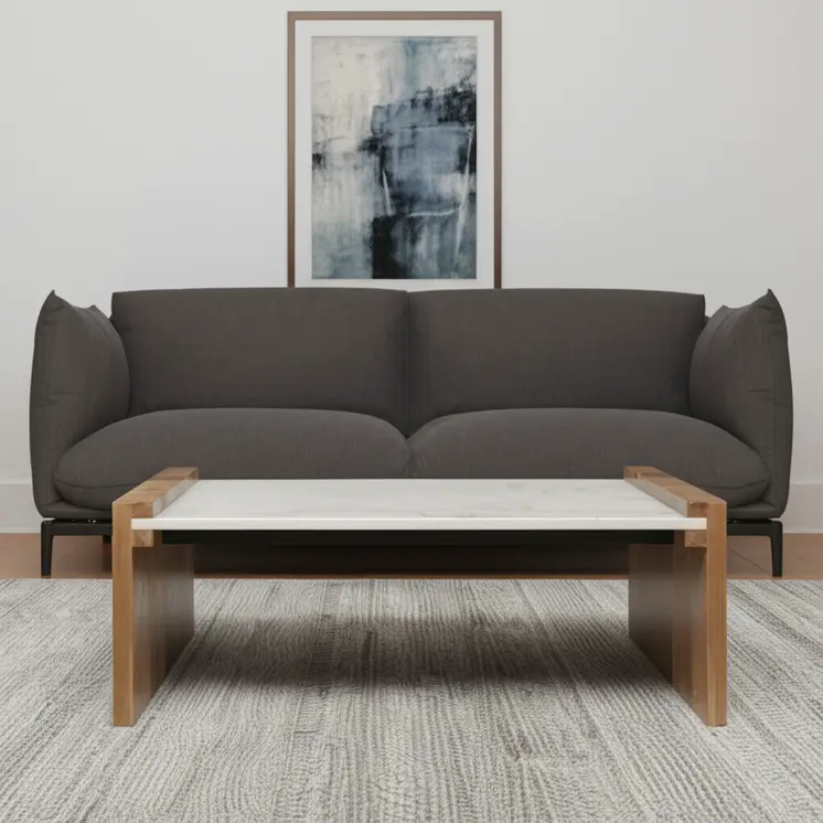 48" Natural and White Solid Wood And Genuine Marble Coffee Table