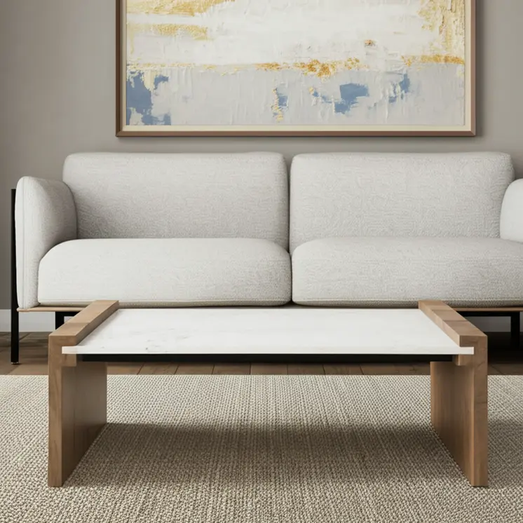 48" Natural and White Solid Wood And Genuine Marble Coffee Table