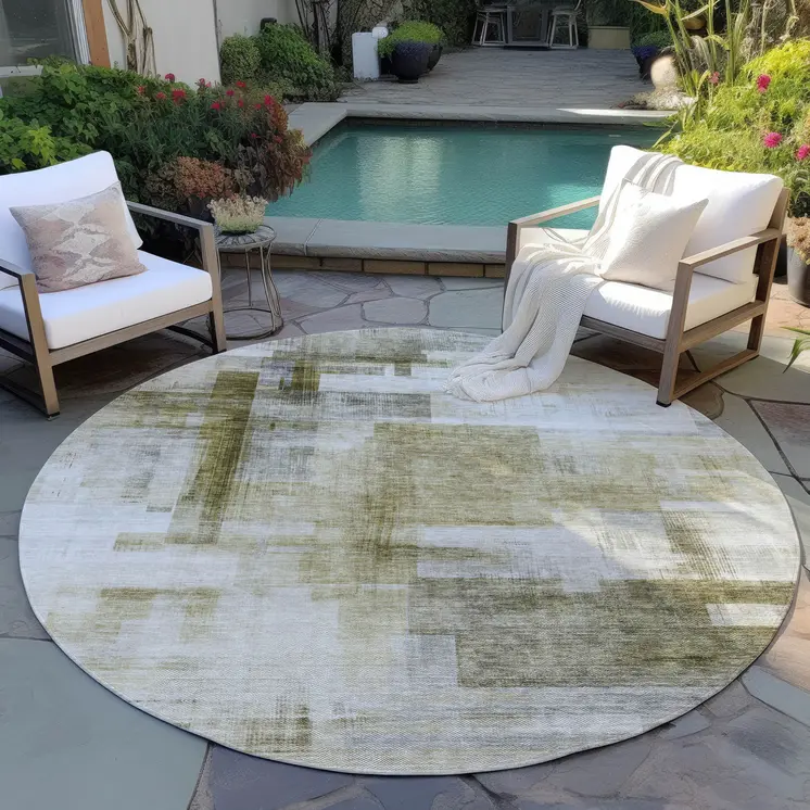 8' Taupe And Ivory Round Abstract Washable Indoor Outdoor Area Rug