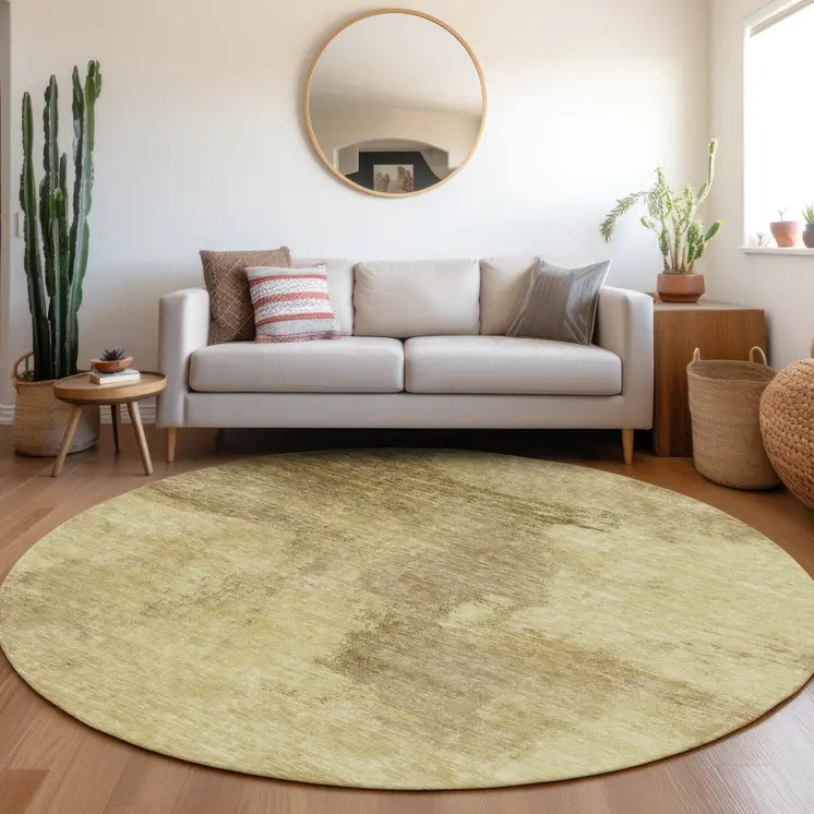 8' Brown And Light Yellow Round Abstract Washable Indoor Outdoor Area Rug