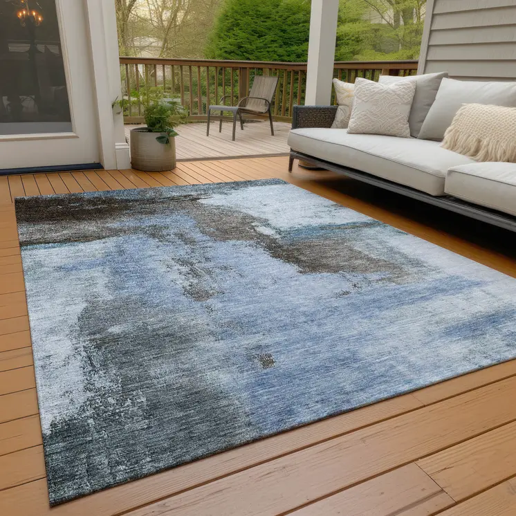 3' X 5' Blue Gray And Dark Brown Abstract Washable Indoor Outdoor Area Rug
