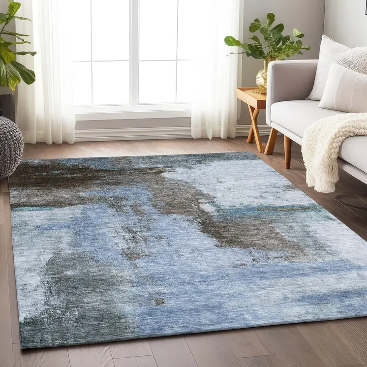 5' X 8' Blue Gray And Dark Brown Abstract Washable Indoor Outdoor Area Rug