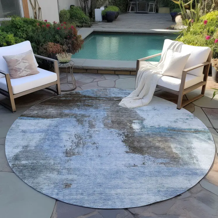 8' Blue Gray And Dark Brown Round Abstract Washable Indoor Outdoor Area Rug