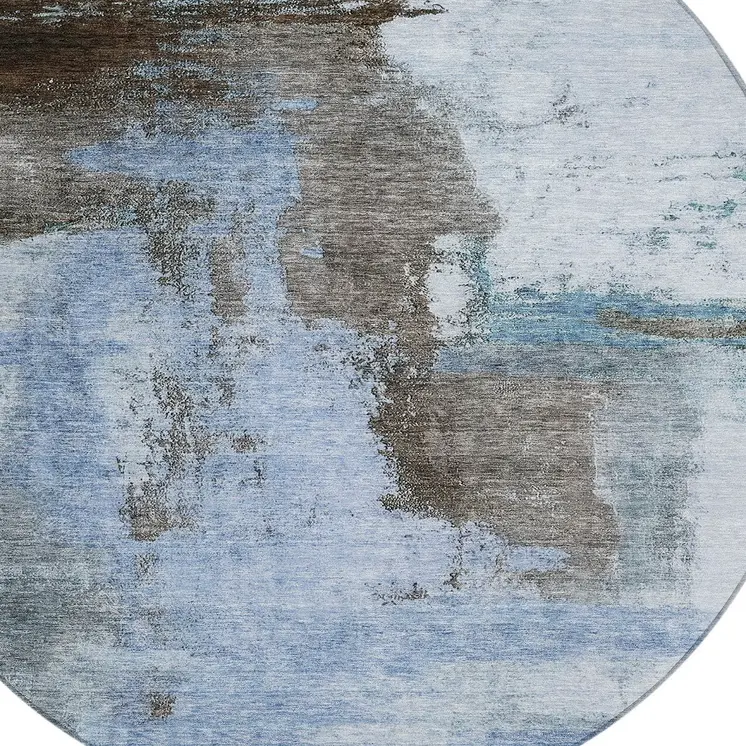 8' Blue Gray And Dark Brown Round Abstract Washable Indoor Outdoor Area Rug