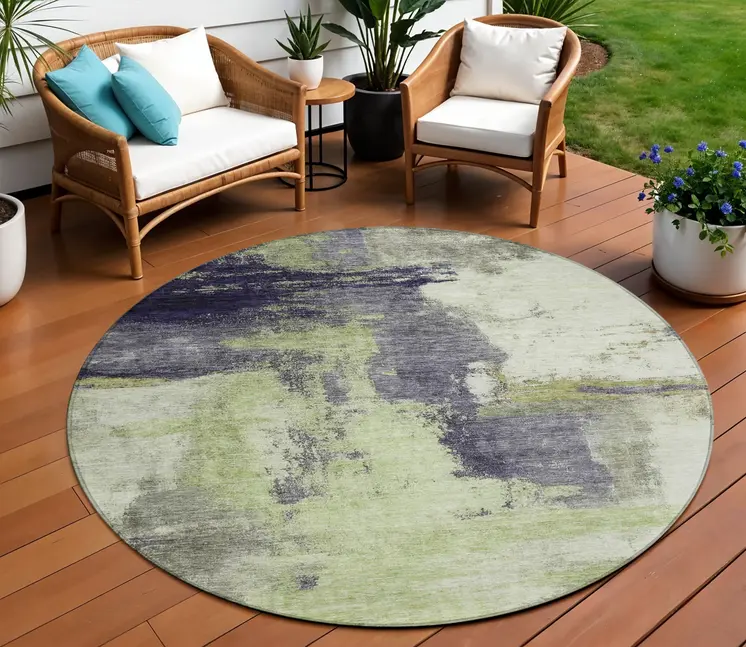 8' Fern Green Gray And Black Round Abstract Washable Indoor Outdoor Area Rug