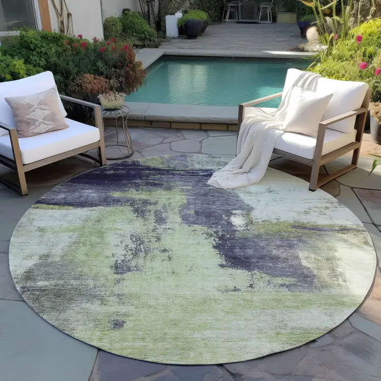 8' Fern Green Gray And Black Round Abstract Washable Indoor Outdoor Area Rug