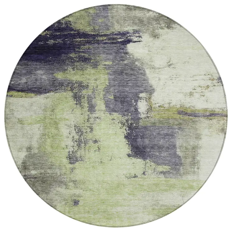 8' Fern Green Gray And Black Round Abstract Washable Indoor Outdoor Area Rug