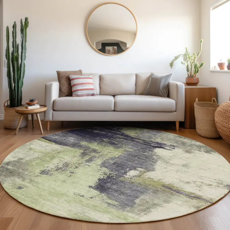8' Fern Green Gray And Black Round Abstract Washable Indoor Outdoor Area Rug