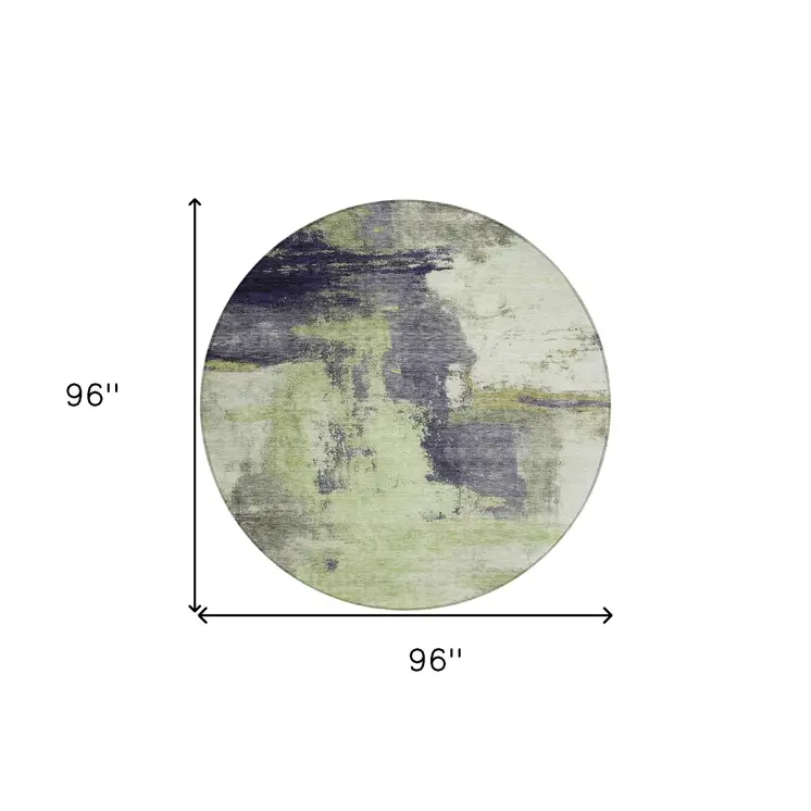 8' Fern Green Gray And Black Round Abstract Washable Indoor Outdoor Area Rug