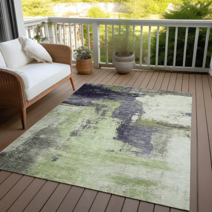 8' X 10' Fern Green Gray And Black Abstract Washable Indoor Outdoor Area Rug
