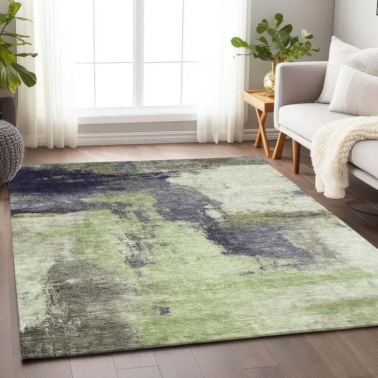8' X 10' Fern Green Gray And Black Abstract Washable Indoor Outdoor Area Rug