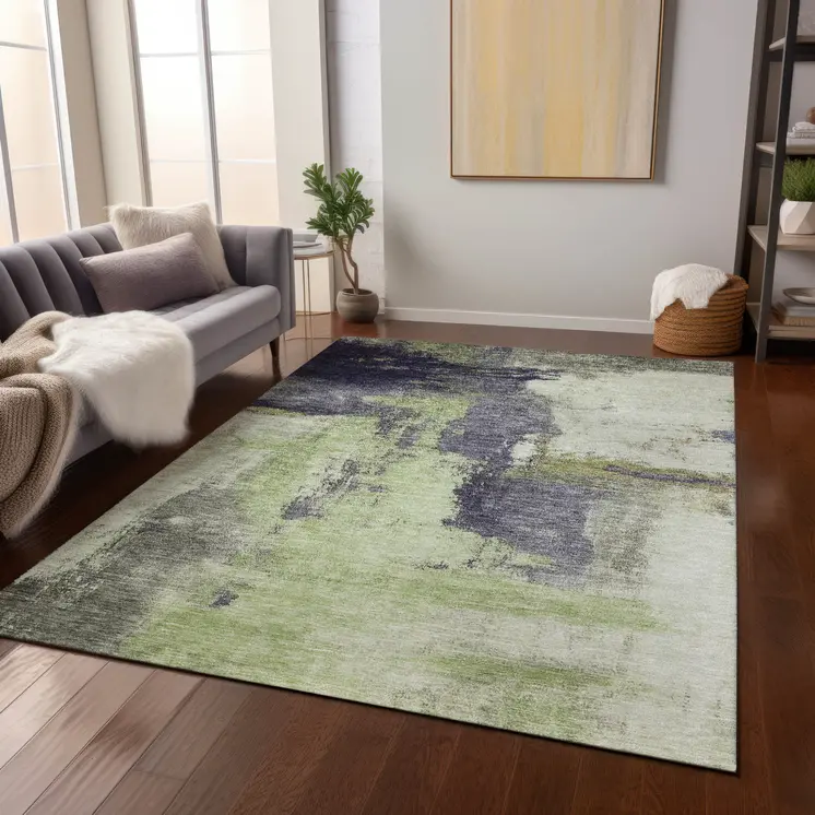 10' X 14' Fern Green Gray And Black Abstract Washable Indoor Outdoor Area Rug