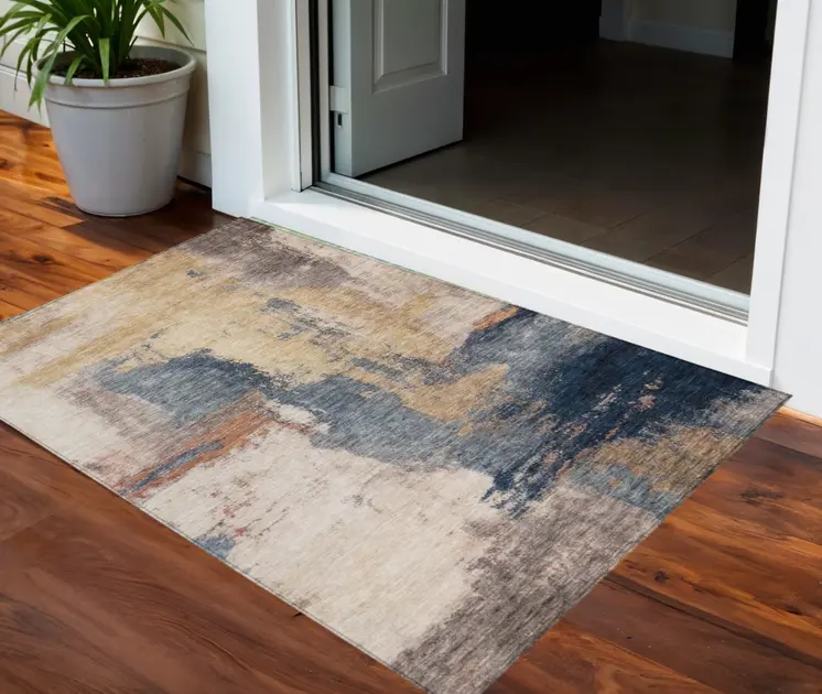 3' X 5' Gold Beige And Blue Abstract Washable Indoor Outdoor Area Rug