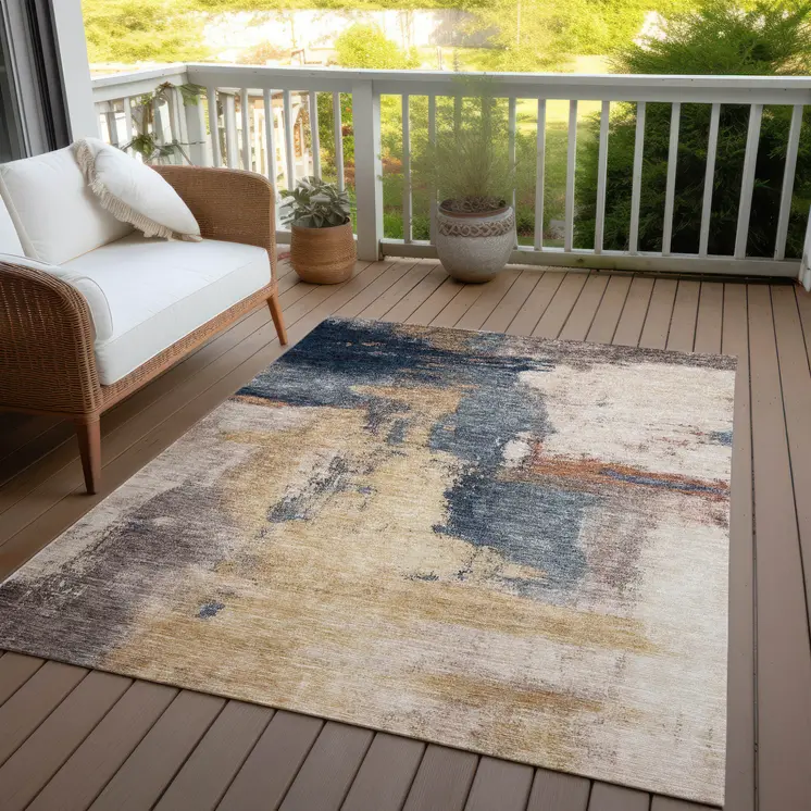 3' X 5' Gold Beige And Blue Abstract Washable Indoor Outdoor Area Rug