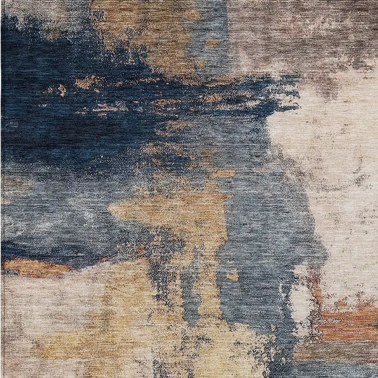 3' X 5' Gold Beige And Blue Abstract Washable Indoor Outdoor Area Rug
