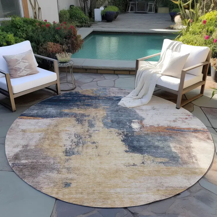 8' Gold Beige And Blue Round Abstract Washable Indoor Outdoor Area Rug