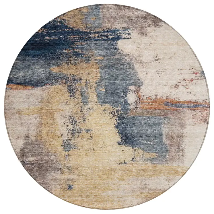 8' Gold Beige And Blue Round Abstract Washable Indoor Outdoor Area Rug
