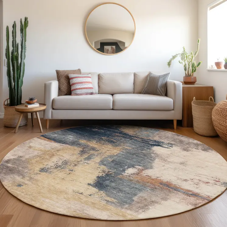 8' Gold Beige And Blue Round Abstract Washable Indoor Outdoor Area Rug