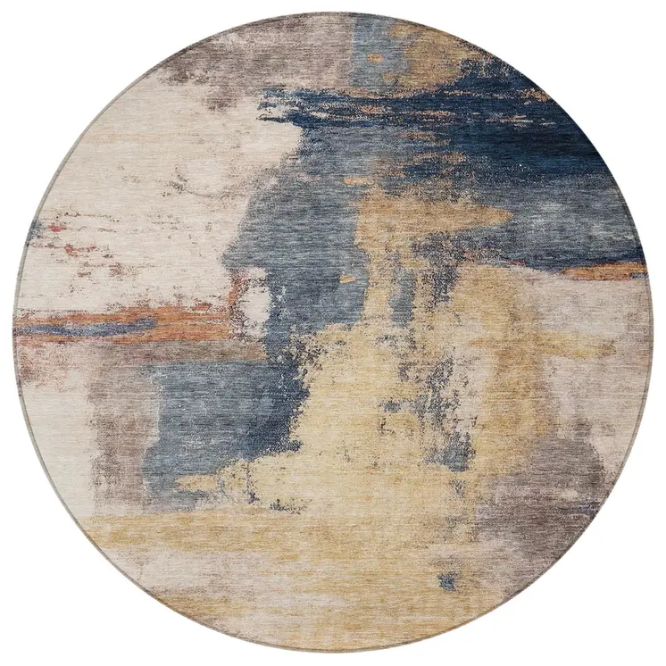 8' Gold Beige And Blue Round Abstract Washable Indoor Outdoor Area Rug