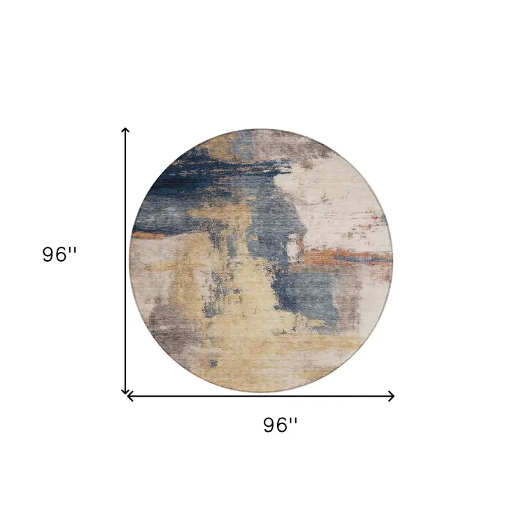 8' Gold Beige And Blue Round Abstract Washable Indoor Outdoor Area Rug