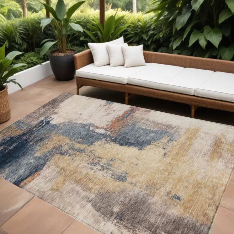 8' X 10' Gold Beige And Blue Abstract Washable Indoor Outdoor Area Rug