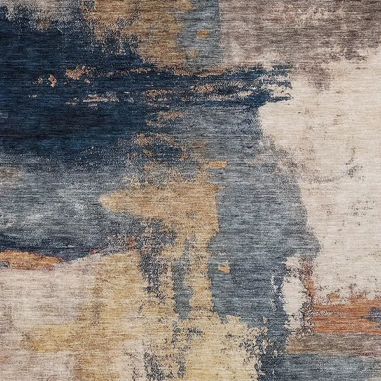 8' X 10' Gold Beige And Blue Abstract Washable Indoor Outdoor Area Rug
