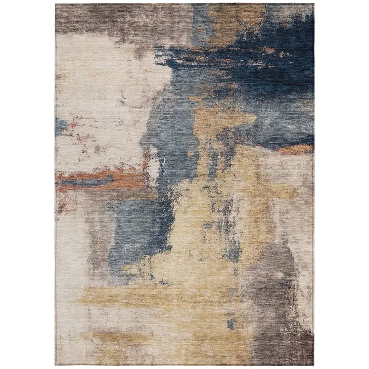 9' X 12' Gold Beige And Blue Abstract Washable Indoor Outdoor Area Rug