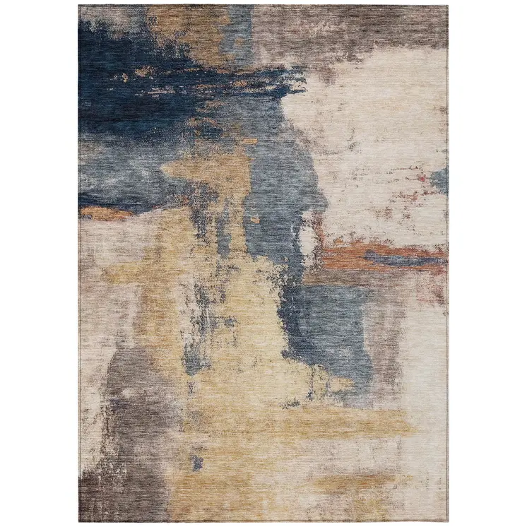 9' X 12' Gold Beige And Blue Abstract Washable Indoor Outdoor Area Rug