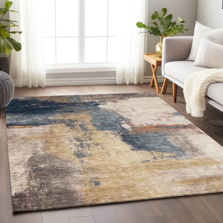9' X 12' Gold Beige And Blue Abstract Washable Indoor Outdoor Area Rug