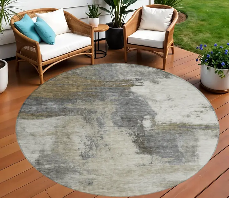 8' Gray Brown And Ivory Round Abstract Washable Indoor Outdoor Area Rug