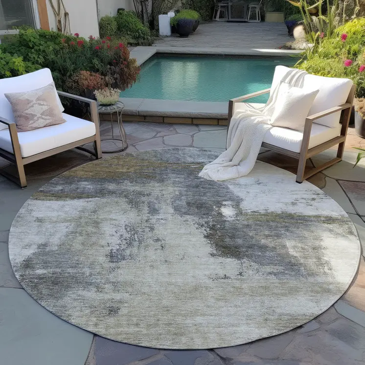 8' Gray Brown And Ivory Round Abstract Washable Indoor Outdoor Area Rug