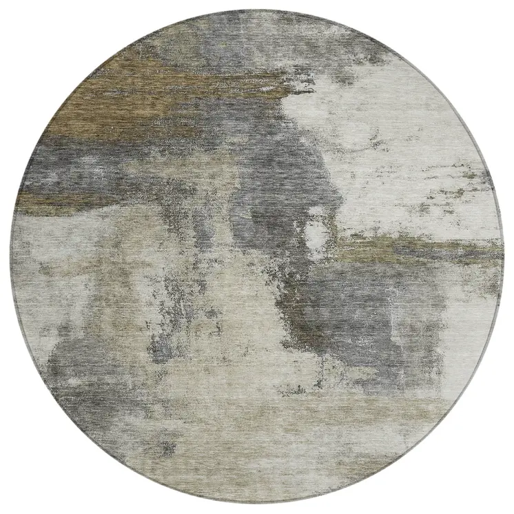 8' Gray Brown And Ivory Round Abstract Washable Indoor Outdoor Area Rug