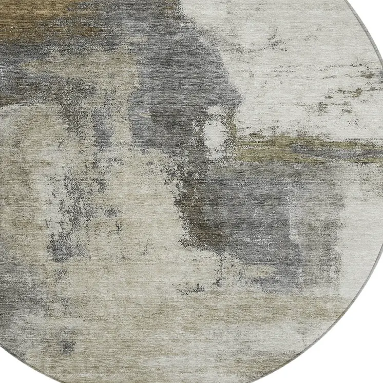 8' Gray Brown And Ivory Round Abstract Washable Indoor Outdoor Area Rug