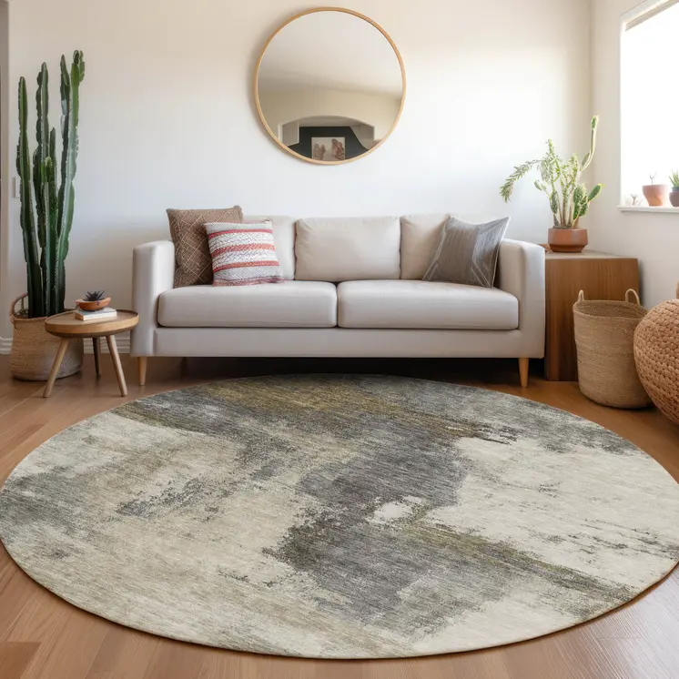 8' Gray Brown And Ivory Round Abstract Washable Indoor Outdoor Area Rug