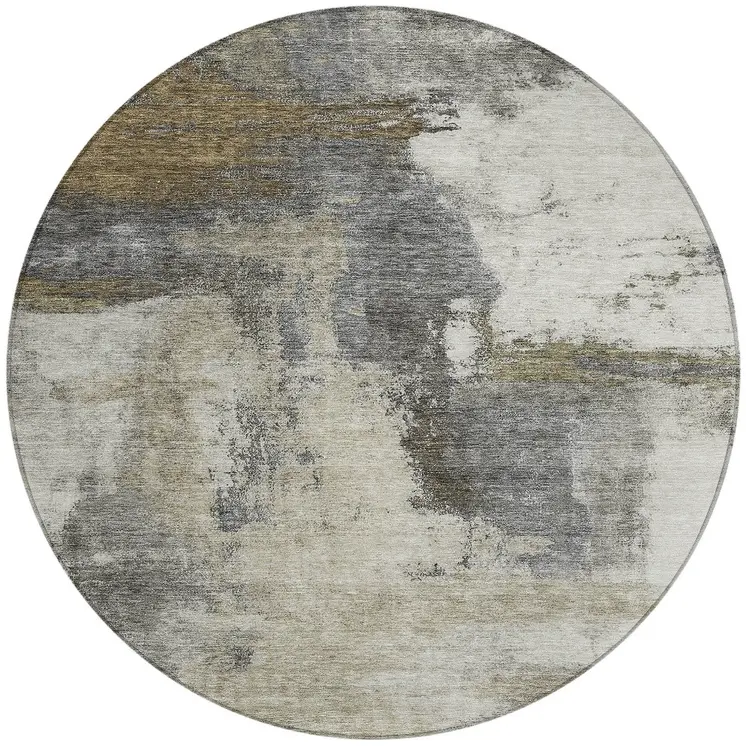 8' Gray Brown And Ivory Round Abstract Washable Indoor Outdoor Area Rug