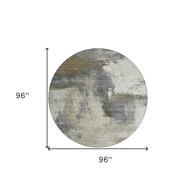 8' Gray Brown And Ivory Round Abstract Washable Indoor Outdoor Area Rug