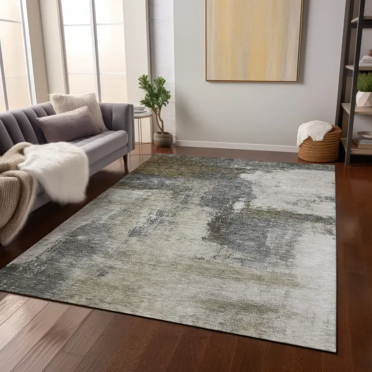 8' X 10' Gray Brown And Ivory Abstract Washable Indoor Outdoor Area Rug