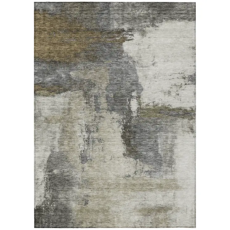 9' X 12' Gray Brown And Ivory Abstract Washable Indoor Outdoor Area Rug