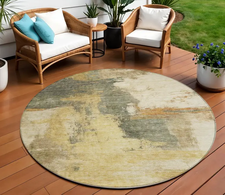 8' Sage Brown And Beige Round Abstract Washable Indoor Outdoor Area Rug