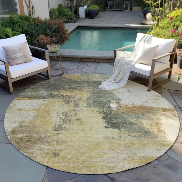 8' Sage Brown And Beige Round Abstract Washable Indoor Outdoor Area Rug