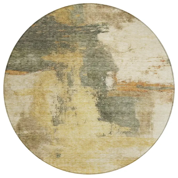 8' Sage Brown And Beige Round Abstract Washable Indoor Outdoor Area Rug